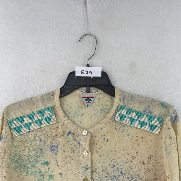 Maison Scotch Tops Womens Sz 2 Beige Green Abstract Long Sleeve Button Up Blouse - Picture 12 of 12